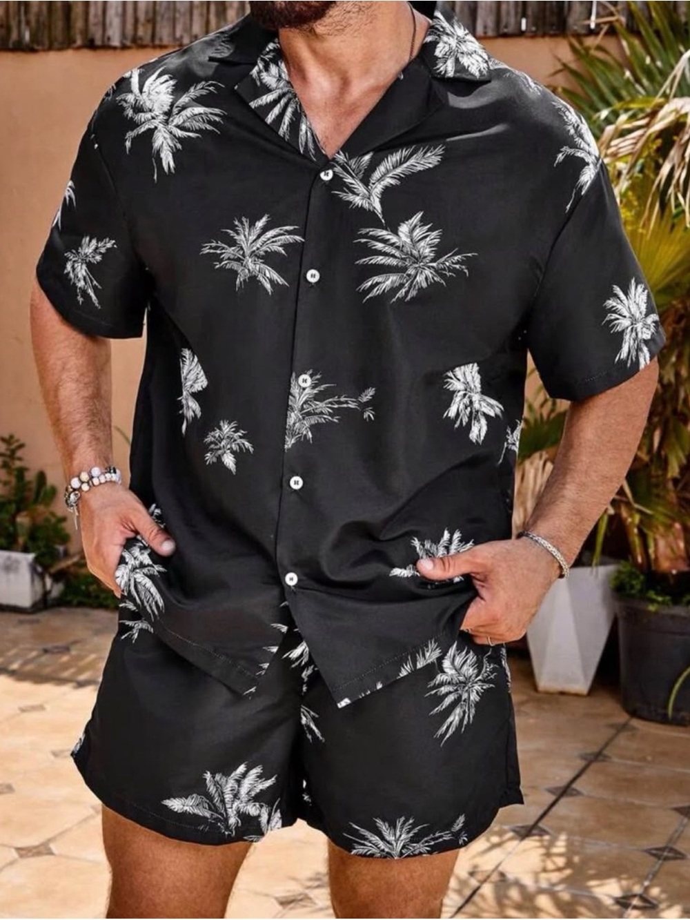 & Other Stories Black Palm-Print Short-Sleeve Button-Down Shirt